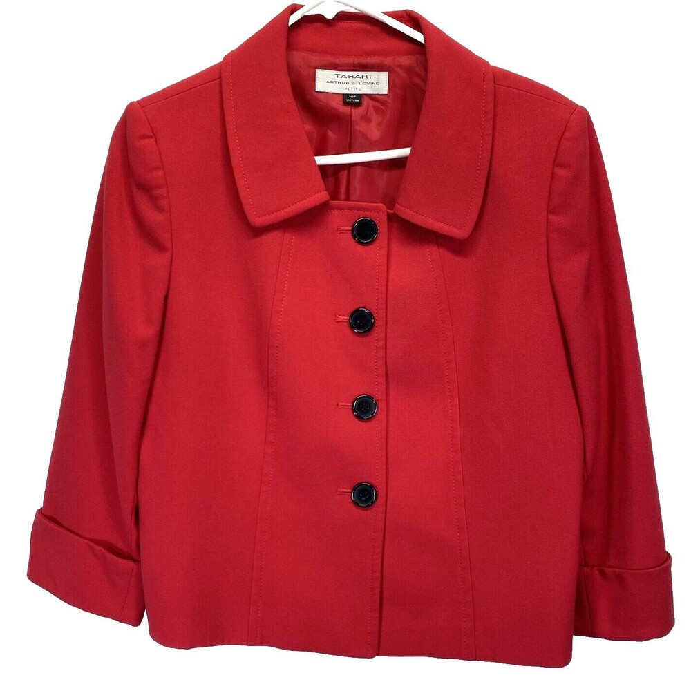 Tahari Arthur S Levine Women's Blazer 10P Red 3/4 Sleeve Short Career Lined